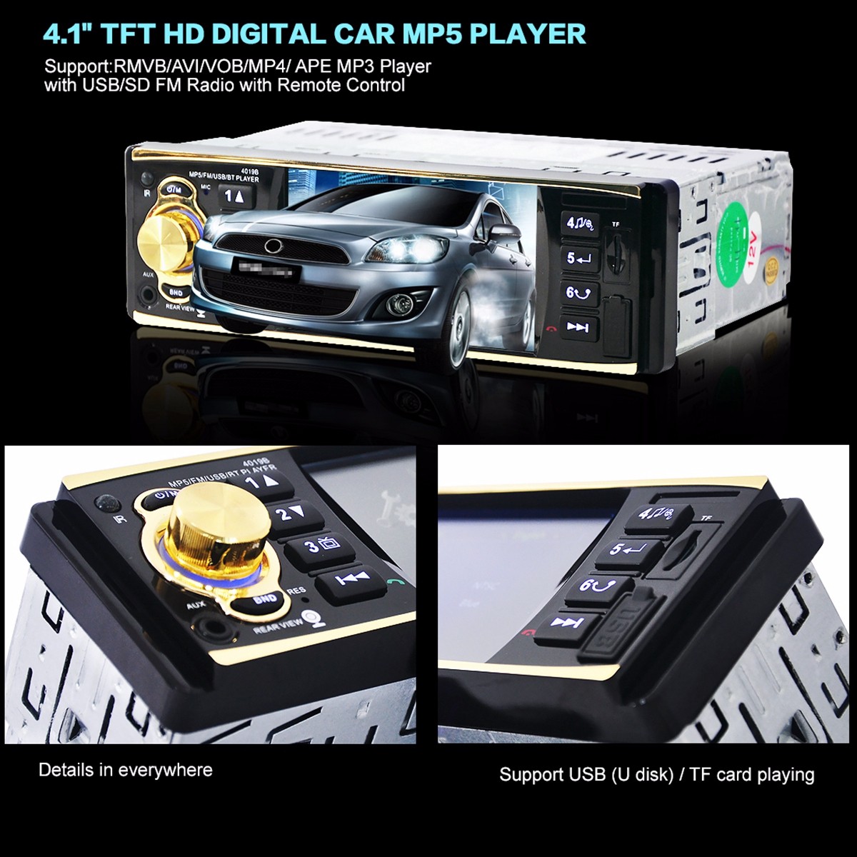  4.1 Inch Bluetooth AUX Input Stereo Radio FM HD MP5 Car Video Player 4019B