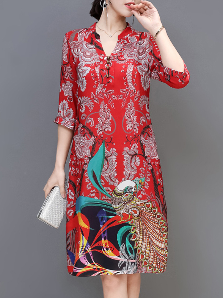 

Элегантная цветочная печать 3/4 Sleeve Silk Платье