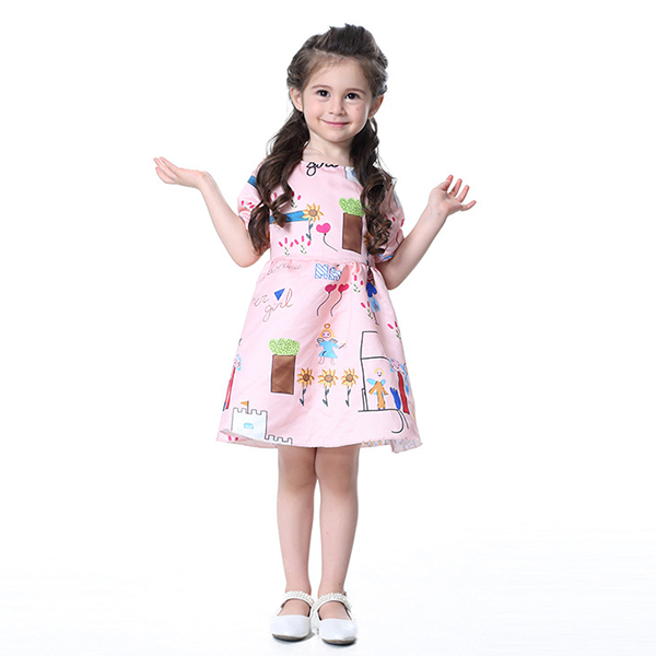 Kid Girls Pattern Printed Short Sleeve Princess Dress