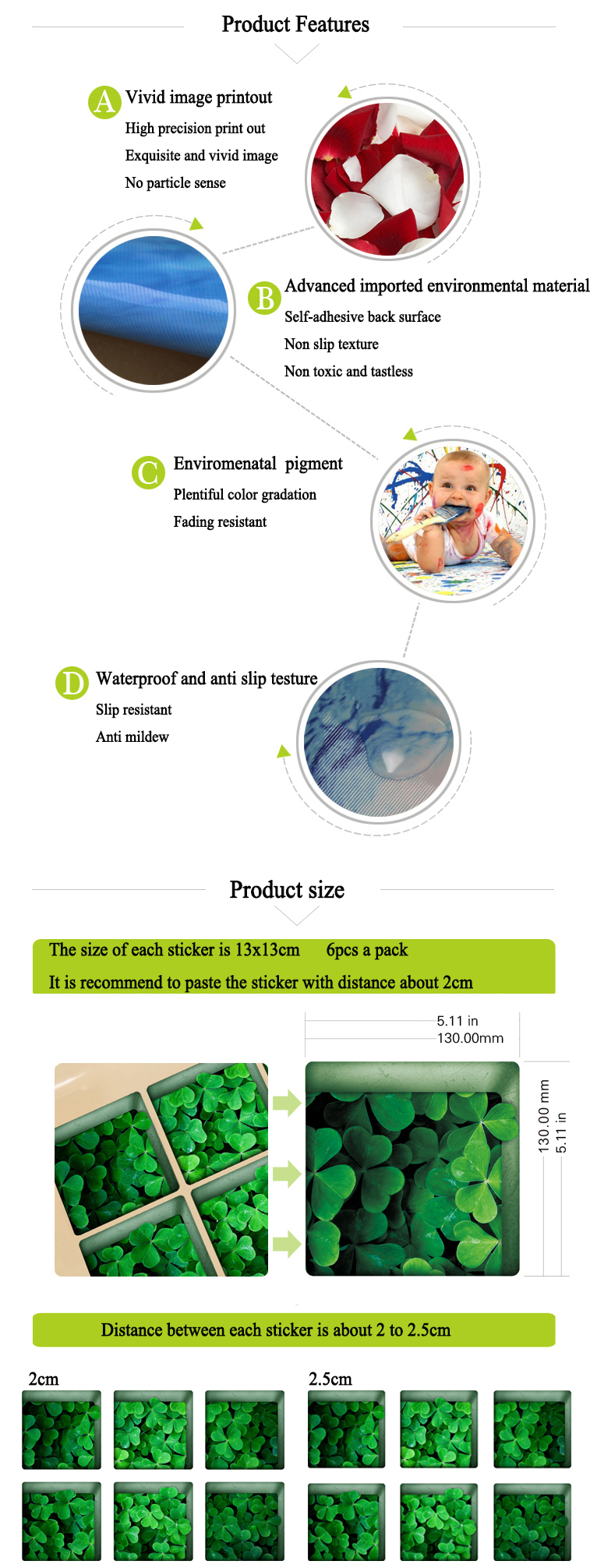 PAG 6pcs 13x13cm Four-leaf Clover Pattern 3D Anti Slip Waterproof Bathtub Sticker