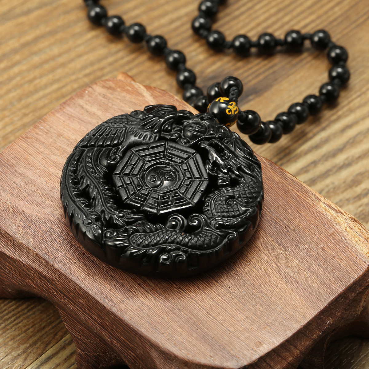 Black Obsidian Lucky Pendant Tai Chi Necklace Chain For Men Women Gift