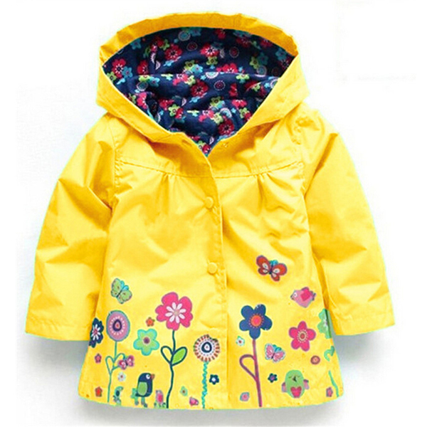 Kid Girls Floral Printed Full Sleeve Hooded Waterproof Trench Coat