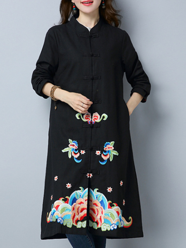 

Folk Style Женское с длинным рукавом Шаблон Вышитая пуговичная карманная пальто