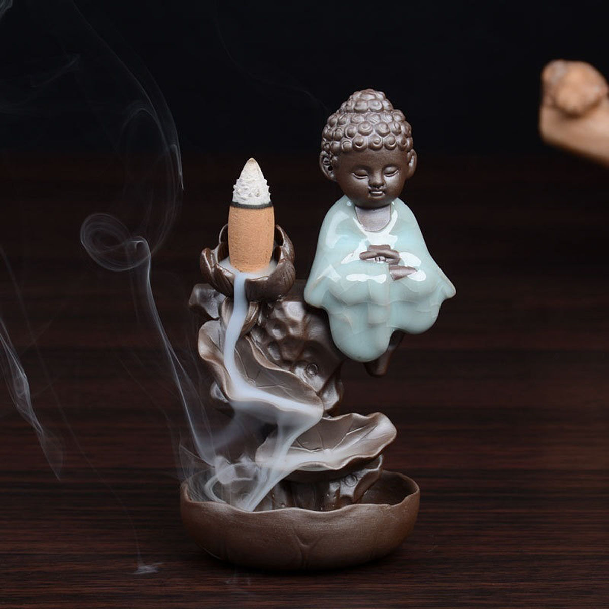 

Buddha Backflow Incense Cone Burner Holder Monk Buddhist Lotus Flowing Fragrant Censer