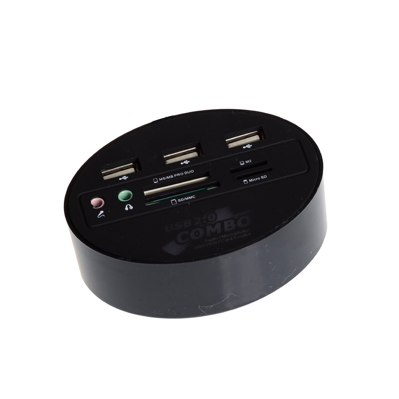 

Универсальный многофункциональный 3-портовый USB 2.0 3,5-мм аудиокомпонент SPK + микрофонный концентратор SD / TF / MS / M2 Card Reader Combo