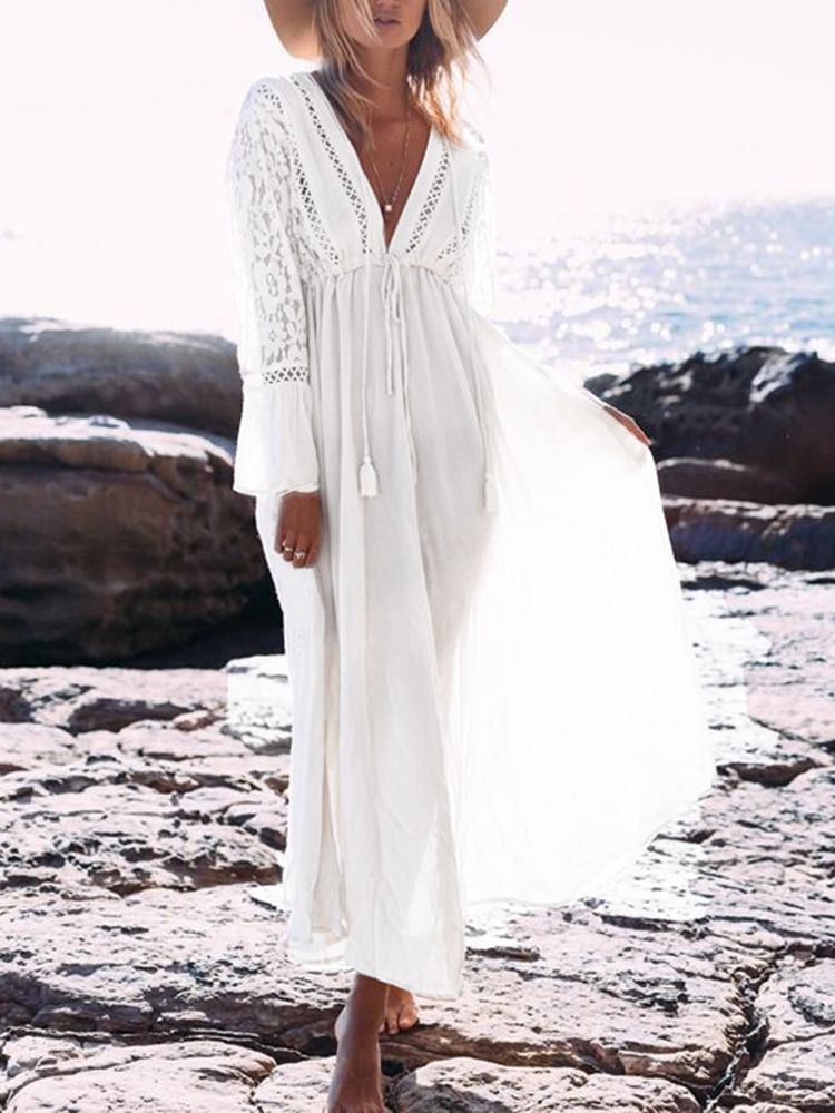 

Сексуальный Пляжный Глубокий V-образным вырезом с длинным рукавом с выемкой Maxi Платье