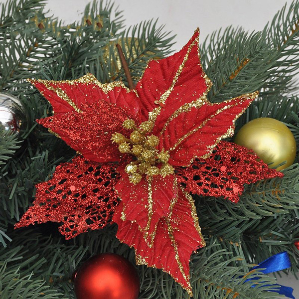 

Glitter Artificial Hollow Christmas Flowers Xmas Tree Decorations Wedding Party