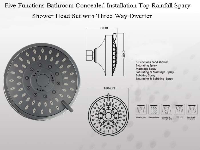 Five Functions Bathroom Concealed Installation Top Rainfall Spary Shower Head Set with Three Way Div