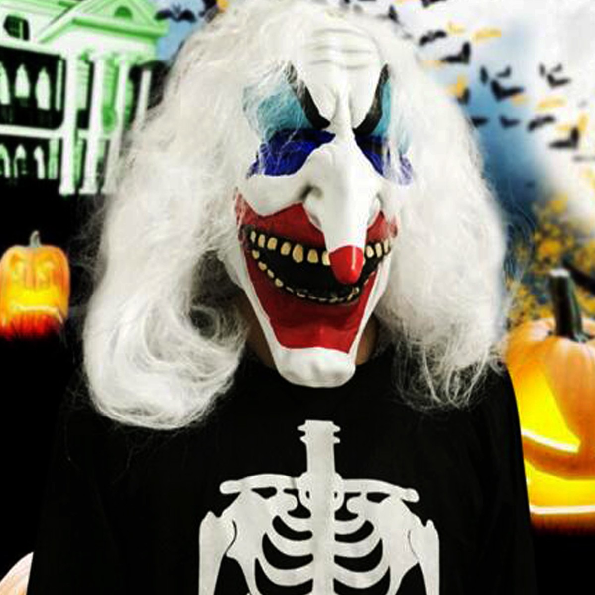 

Белые волосы клоун Хэллоуин латексная маска фантазии костюма партии жуткое платье проп