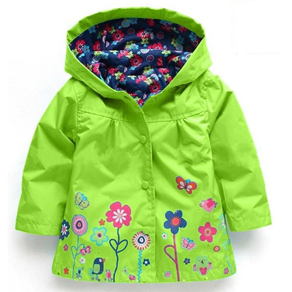 Kid Girls Floral Printed Full Sleeve Hooded Waterproof Trench Coat