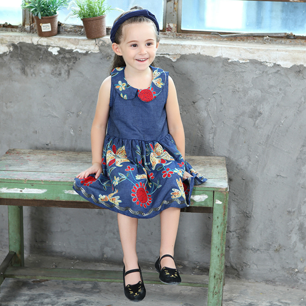Baby Kid Girls Floral Embroidered Sleeveless Denim Dress
