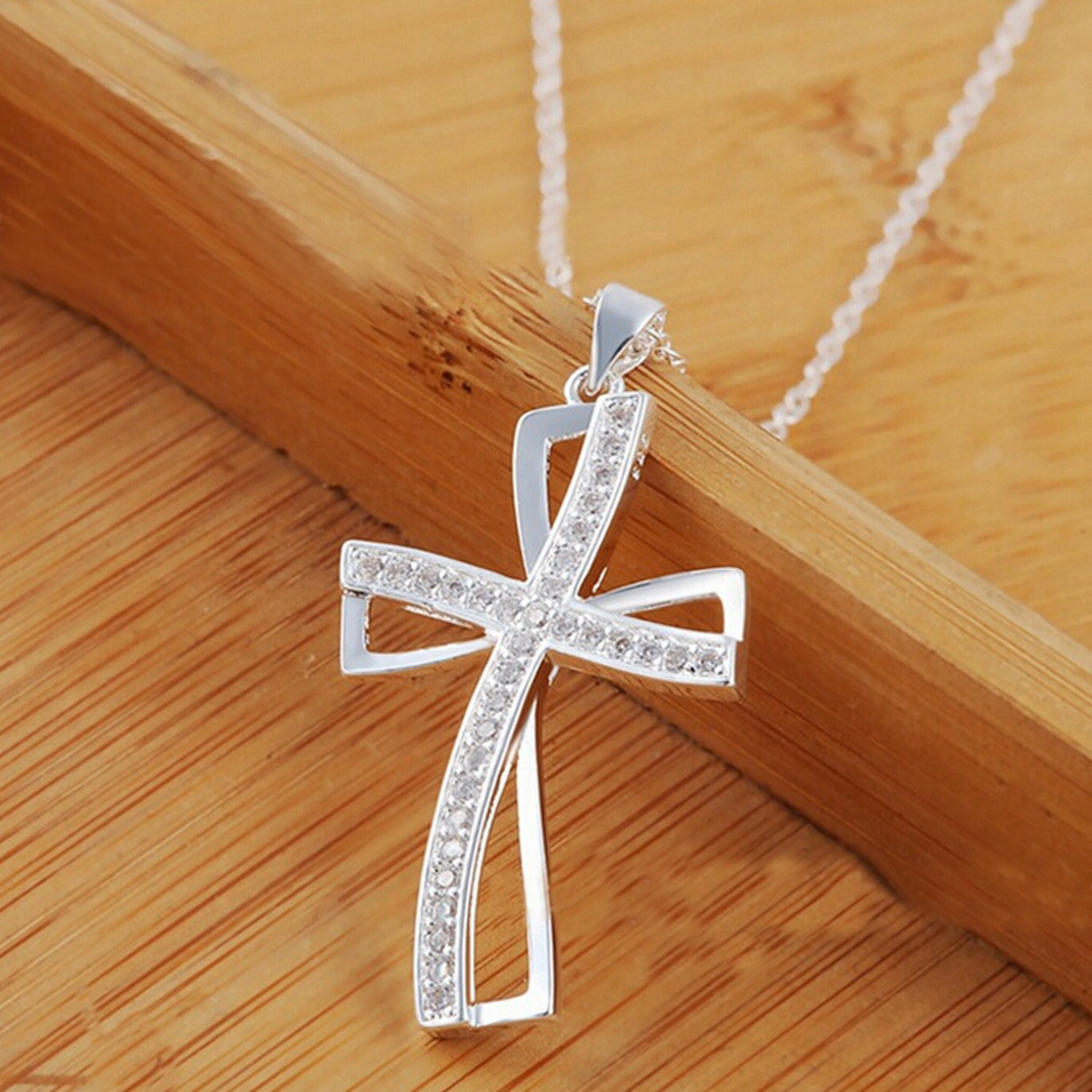 925 Sterling Silver Women Cross Necklace Crystal Chain Jewelry