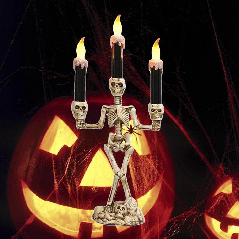 

Battery Powered Prop Skeleton Ghost Haunted 3 LED Candle Holder Backdrop Table Halloween Party Decor