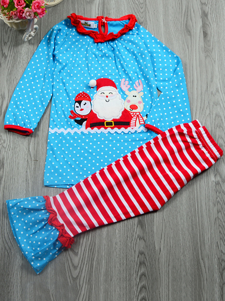 Christmas Kid Girls Santa Elk Pattern Long Sleeve Striped Clothing Suit