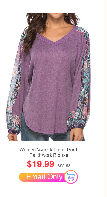 Women V-neck Floral Print Patchwork Blouse