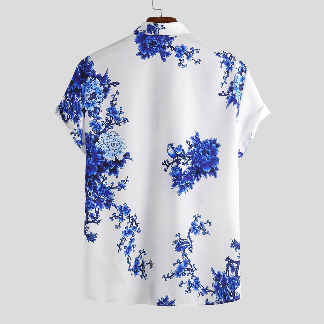 Mens Chinese Style Porcelain Floral Printed Short Sleeve Turn Down Collar Casual Shirts