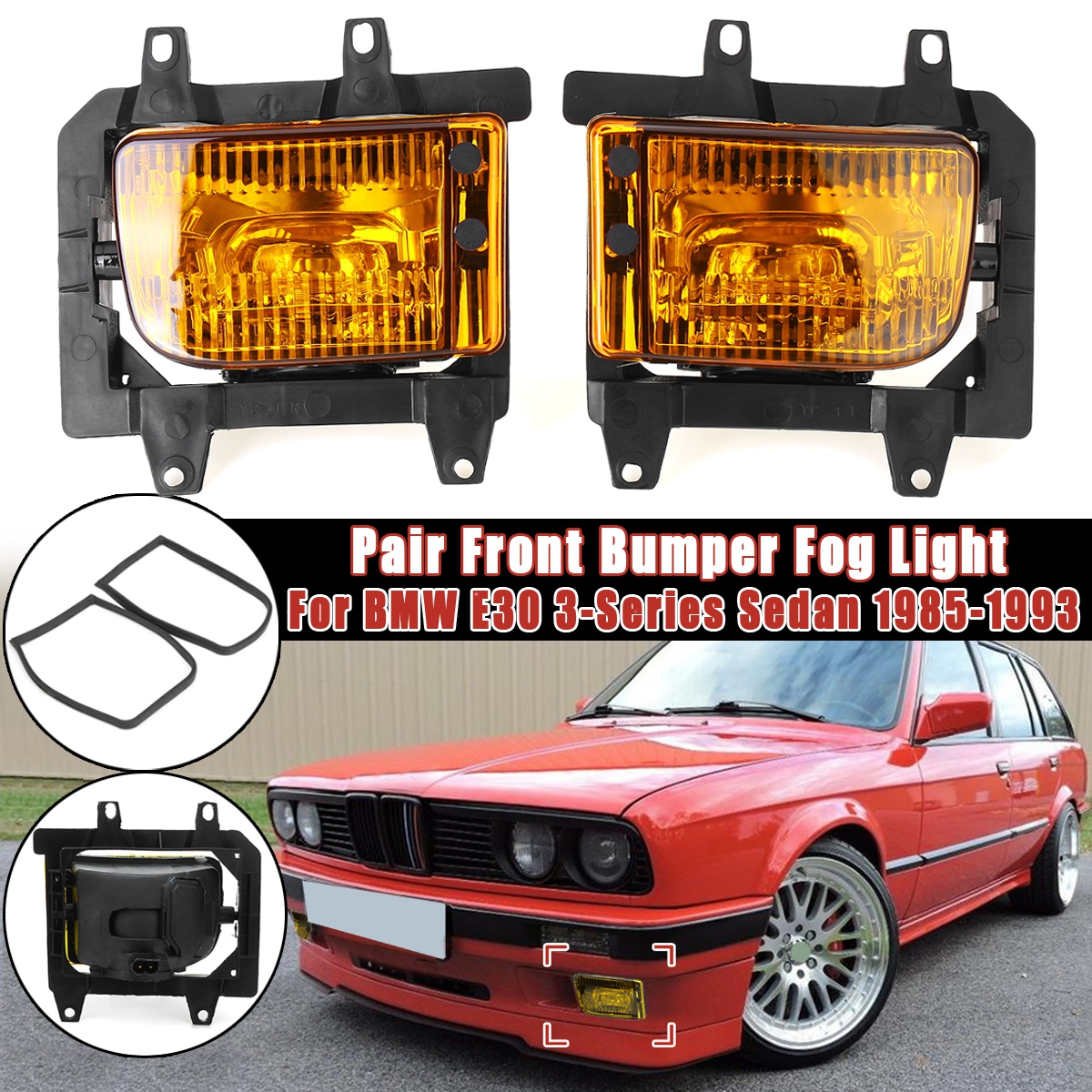 Right+Left Front Bumper Fog Lights Yellow Lens For BMW E30 3-Series Sedan 85-93