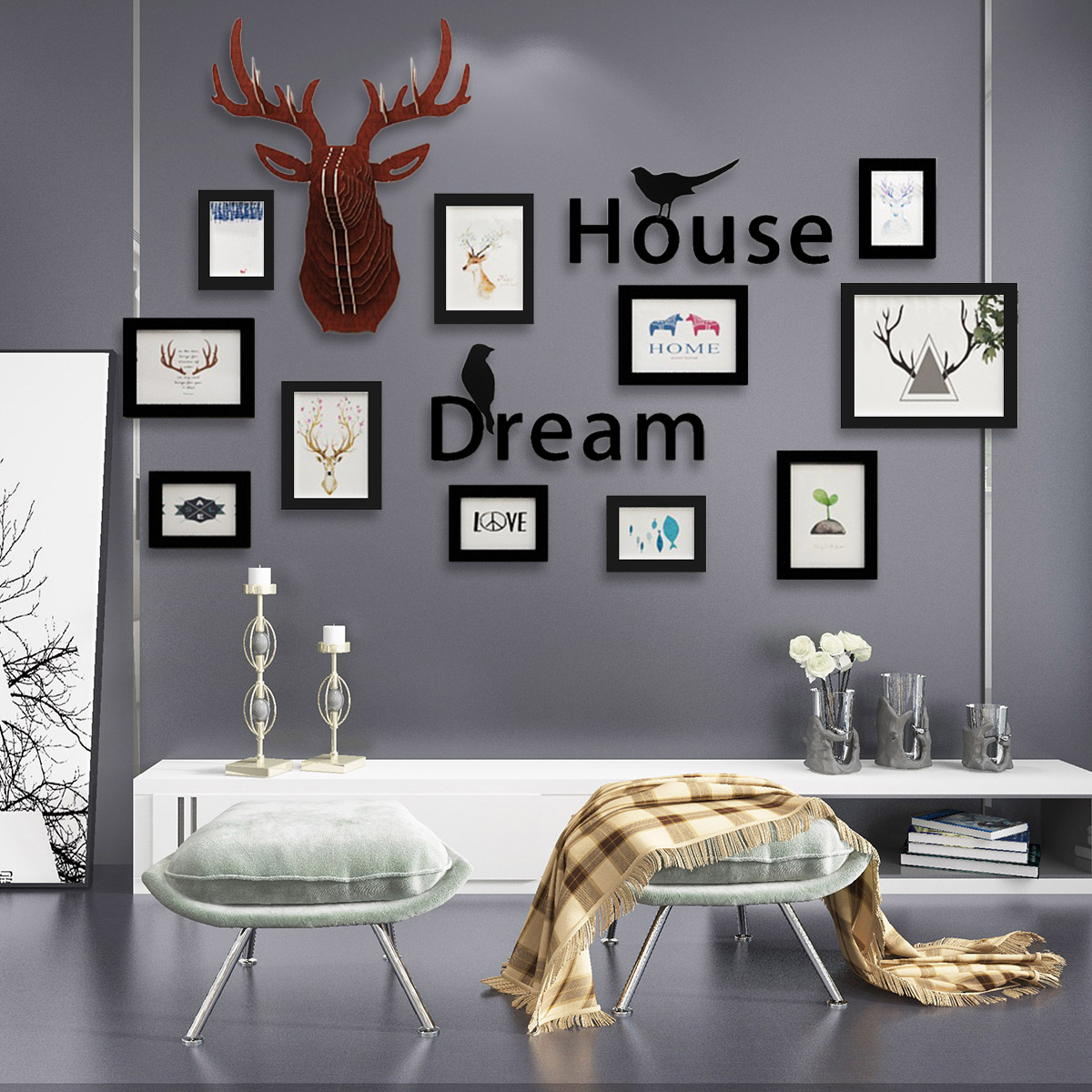 Photo Picture Frames Wall Mount 11 Piece Set Art Home Decoration Letter Deer