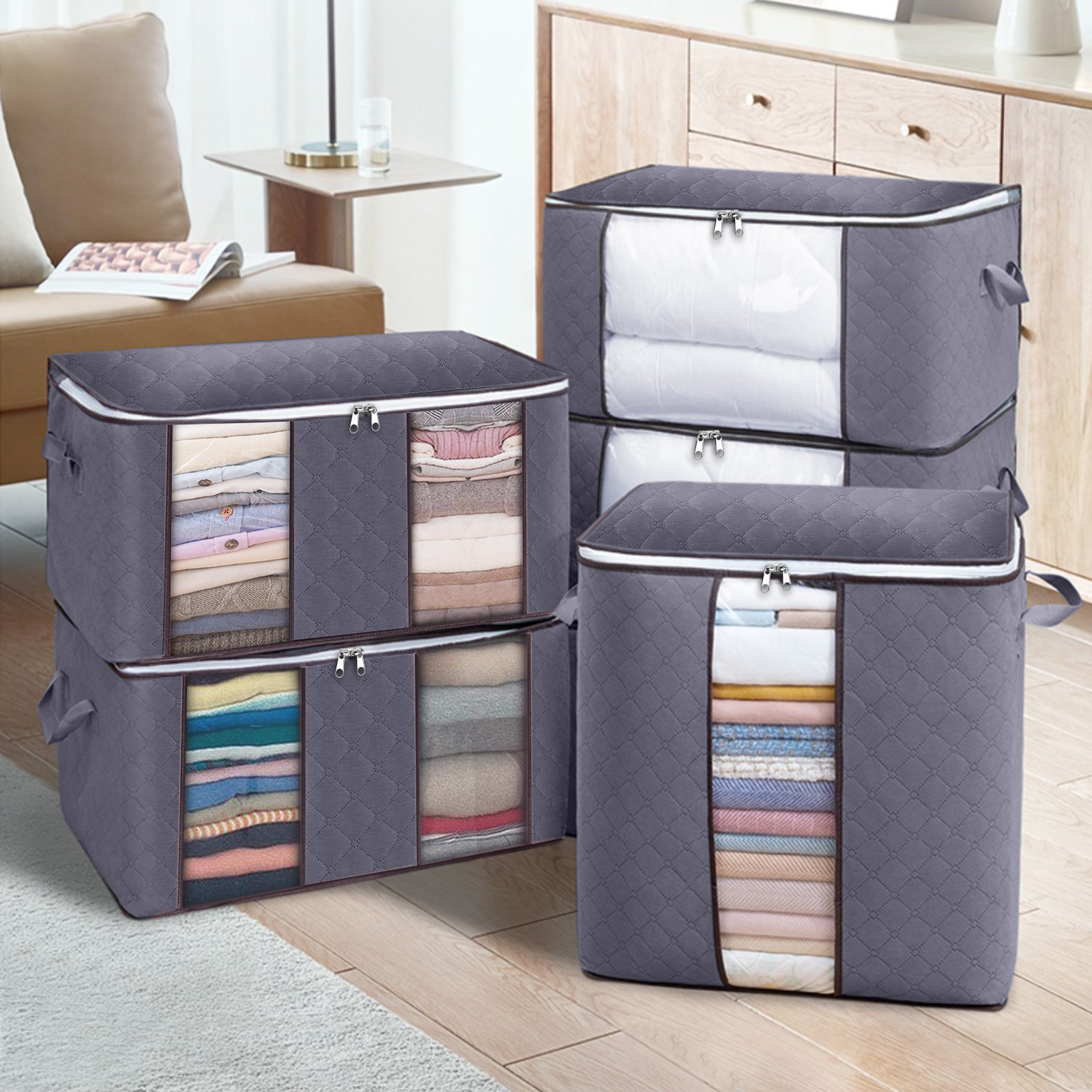KING DO WAY 3PCS Clothes Storage Bag Non-woven Fabric Two-window Foldable Storage Bag