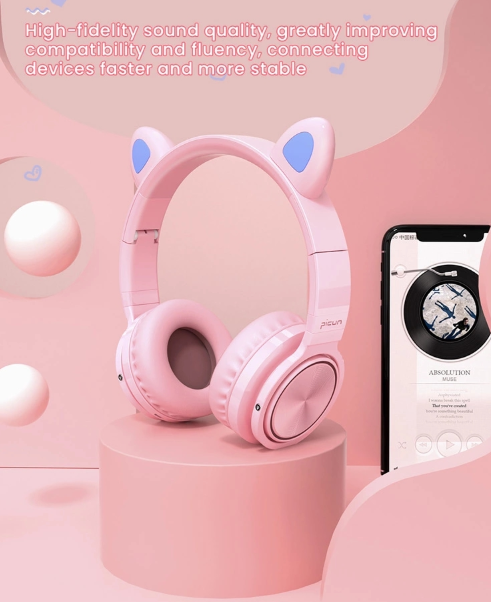 Picun Kids bluetooth 5.0 Headphone LED light Cat Ears TF Earphone Wireless Headset HIFI Stereo Bass Headphones With Microphone