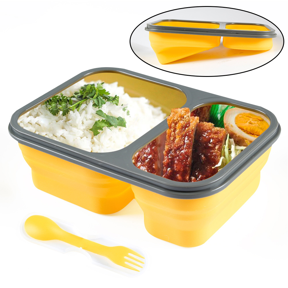 

2 ячейки Силиконовый Складной обед Коробка Контейнер для хранения посуды с микроволновой печью