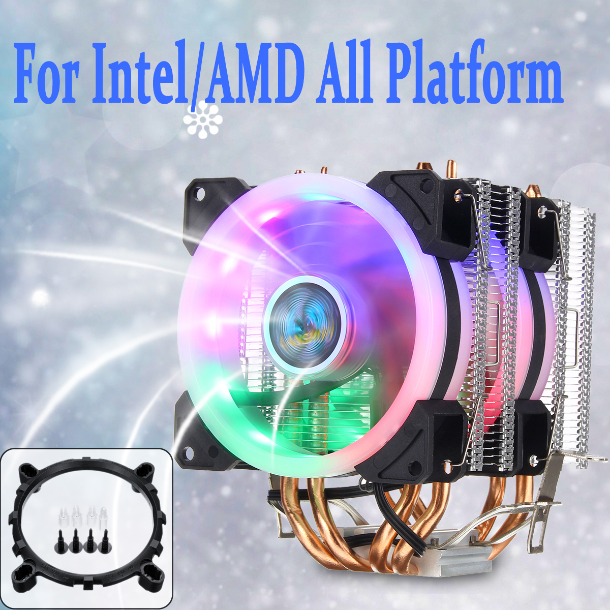 Aurora Colorful Backlit 3 Pin 2 Fans 4 Copper Tube Dual Tower CPU Cooling Fan Cooler Heatsink for Intel AMD 6