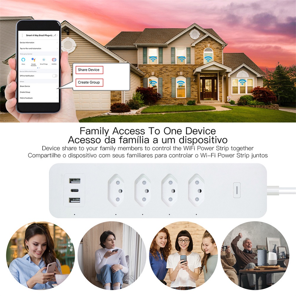 110-240V Tuya Smart Wifi Brazil Standard Socket 4 Outlets + 2 USB Charging Port + 1 Type-C App Remote Control Works with Alexa Google Home