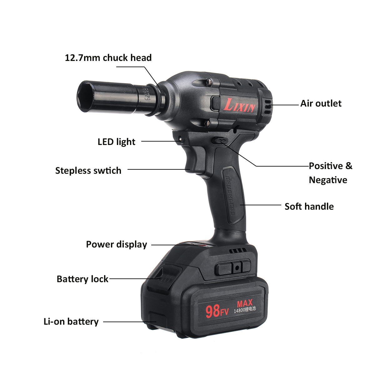 98FV 14800mAh Cordless Brushless Electric Wrench Drill LED Light W/ 1 or 2 Li-on Battery 21