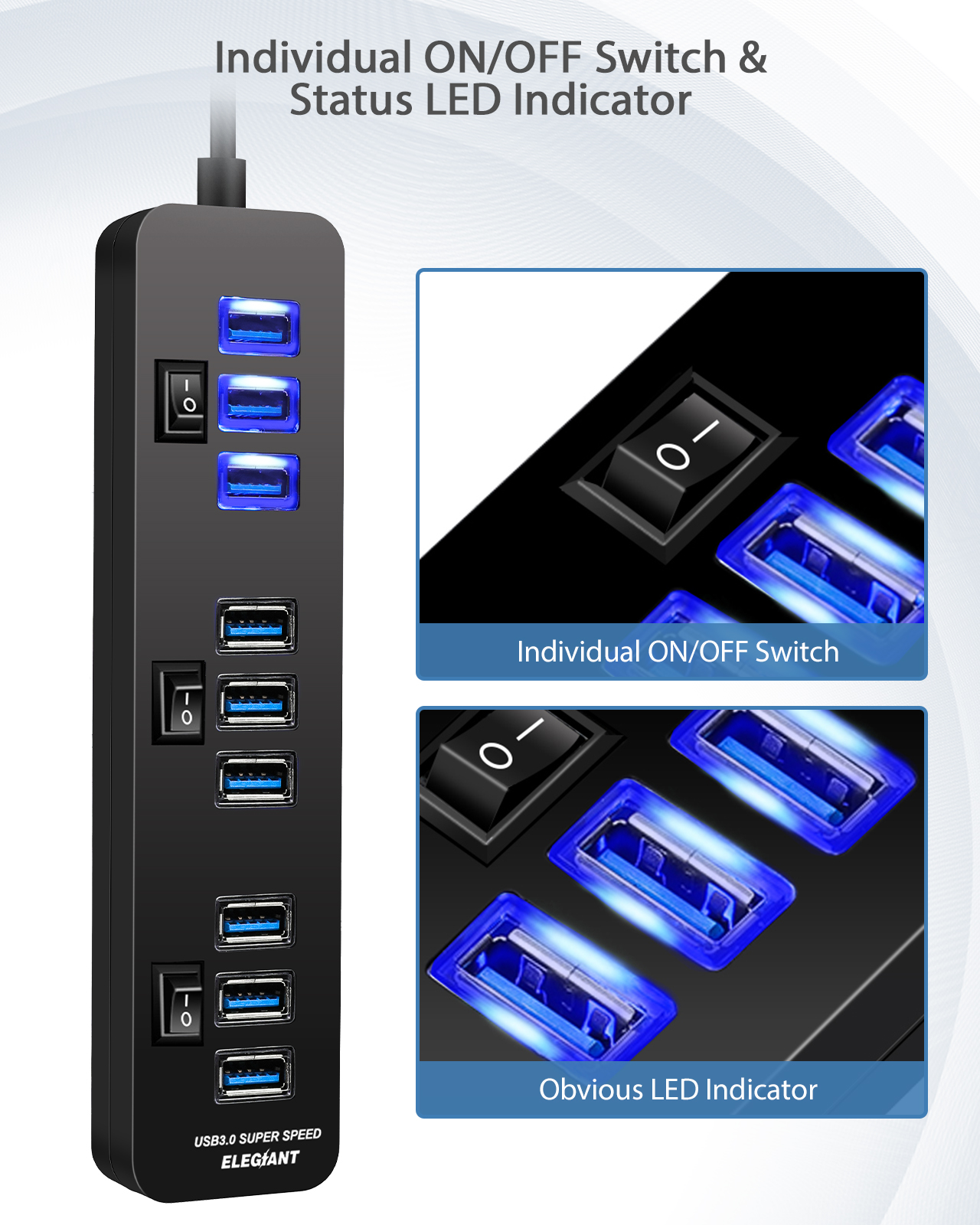 10 Port USB Hub 9 Port USB3.0 Data Hub + 1 Smart Charging Port with On/Off Switches Power Adapter 5V/4A Small USB Extension Hub for PC Laptop Computer MacBook