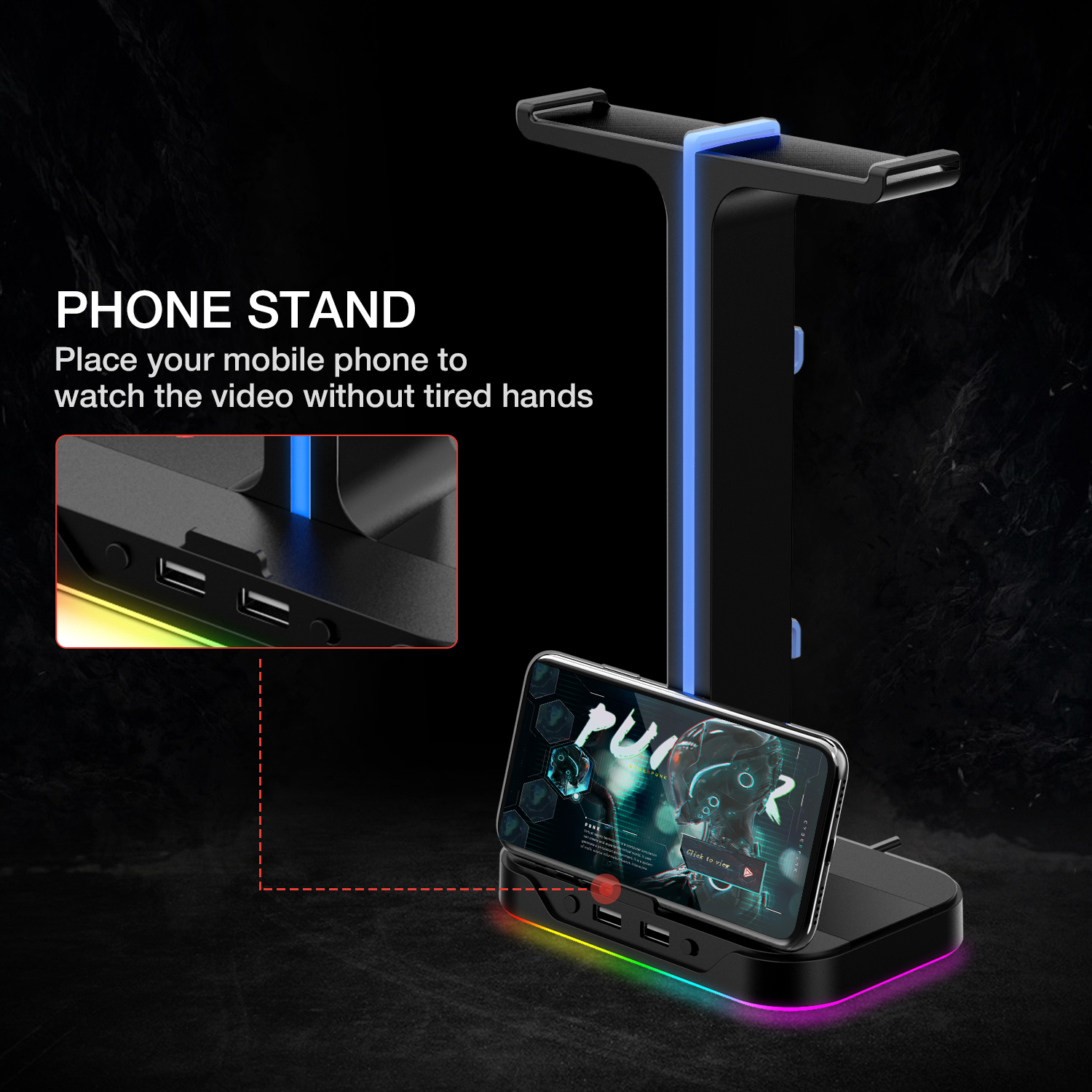 Havit TH650 RGB Gaming Headphone Stand Dual Headset Hanger Holder with Phone Holder & 2 USB Charger for Desktop PC Game Earphone