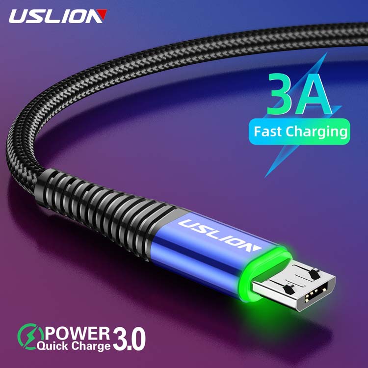 USLION 3A LED Light USB to Micro USB Cable Fast Charging Data Transmission Cord Line 1M/2M Long For Xiaomi For HUAWEI For Samsung Phone