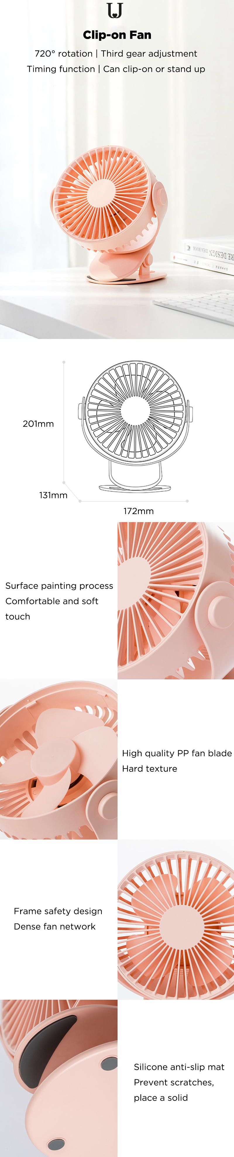 Xiaomi Jordan&Judy Clip-on USB Table Desktop Fan 720° Rotatable 3 Modes Wind Speed Cooling Fan Outdoor Travel 15