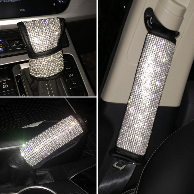Car Shift Knob Handbrake Seatbelt Cover Bling Crystal Gear Auto Interior Decor
