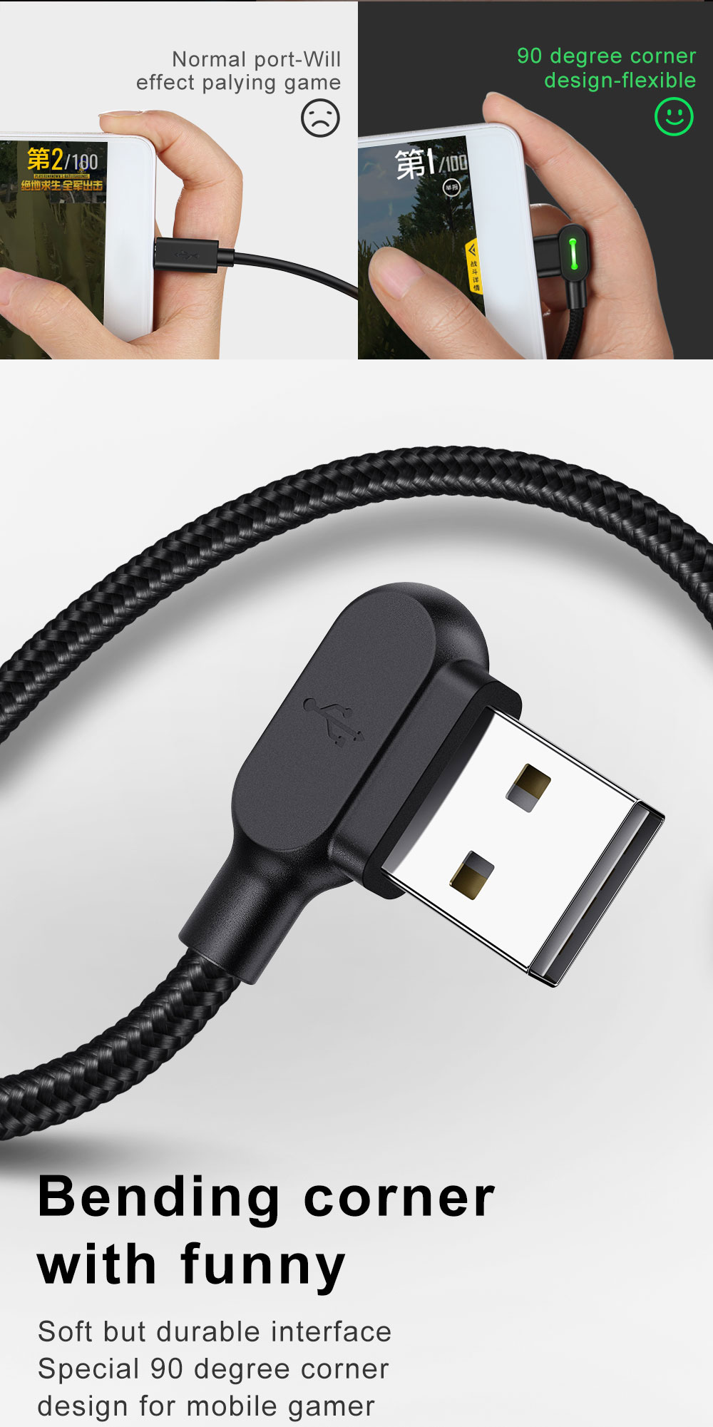 MCDODO 90 Degree 2A Breathing Light Micro USB Fast Charging Data Cable 0.5m/1.2m/1.8m for Honor 8X