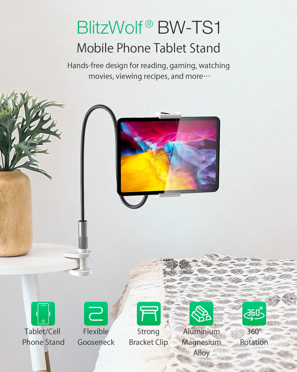 BlitzWolf® BW-TS1 360 Rotation Adjustable Flexible Gooseneck Mobile Phone Tablet Stand for 4.0-12.9 inch SmartPhone Tablet for iPad Pro For POCO X3 NFC for Samsung Galaxy Note 20 Ultra