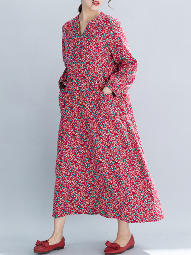Women High Waist Pocket Long Sleeve Floral Print Vintage Dress