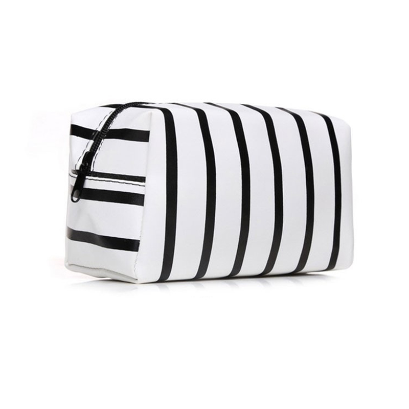 Waterproof PU Leather Stripe Makeup Bag Cosmetic Pouch Travel Storage Make Up Toiletry Case