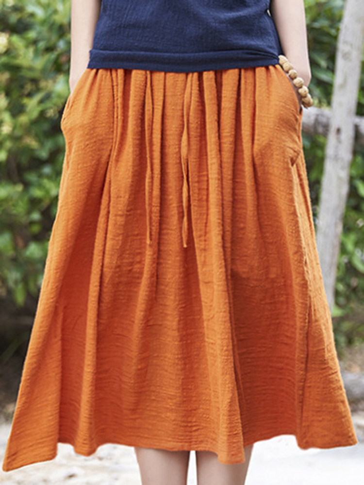 Women Casual Solid Color Cotton Linen Skirts