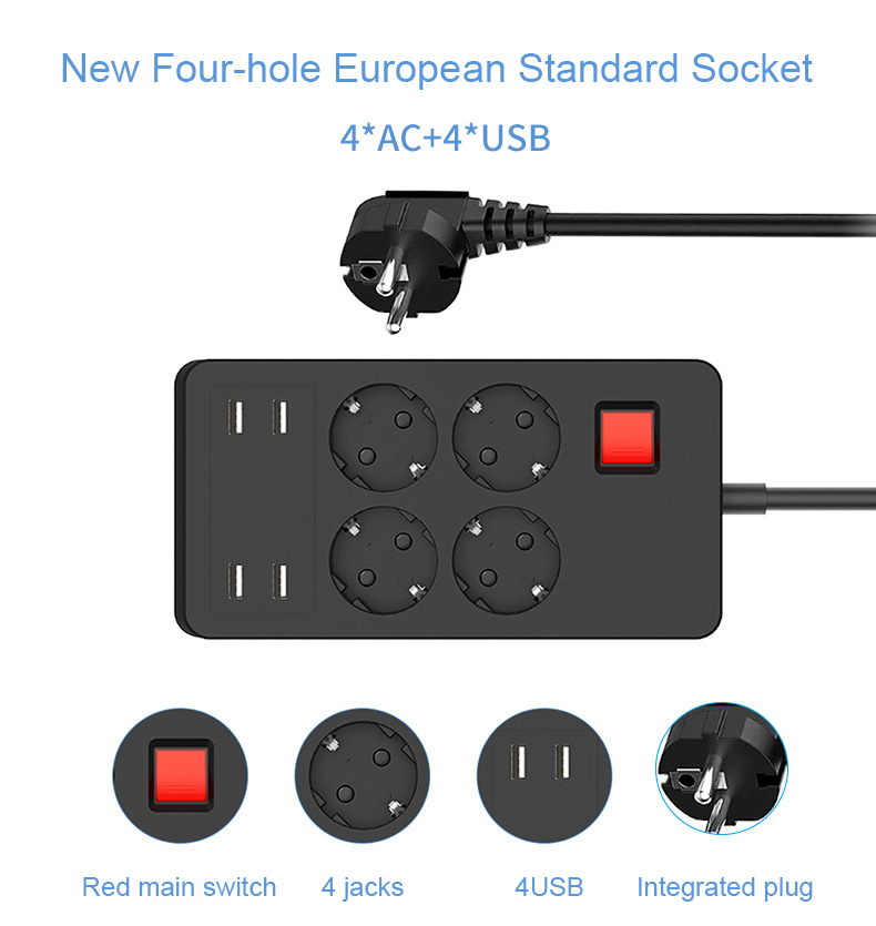 European Standard Socket 4 Jacks 4 USB Smart Power Converter German Standard Plug Home Office Power Adapter