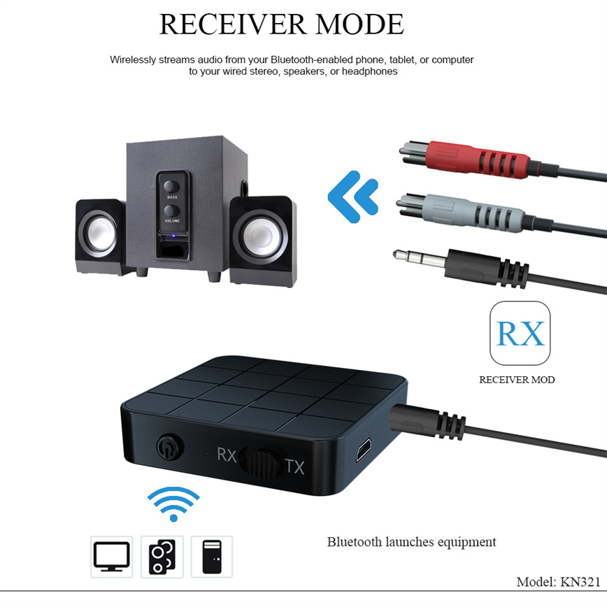 KN321 bluetooth 5.0 Transmitter Audio Adapter Streaming Low Latency Apt 200mAh Battery Dual Modes Wireless Box for PC Phone TV Headset Speaker