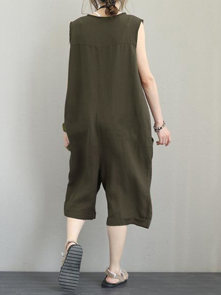 Women Cotton Sleeveless Pocket Solid Color Jumpsuits