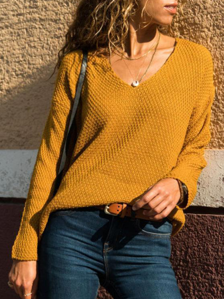 Women Long Sleeve V Neck Solid Color Pullover Sweaters