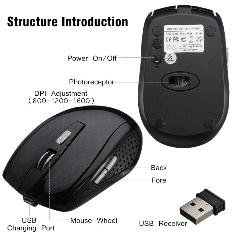 800-1200-1600DPI Wireless Rechargeable 6 Buttons Optical Gaming Mouse 9