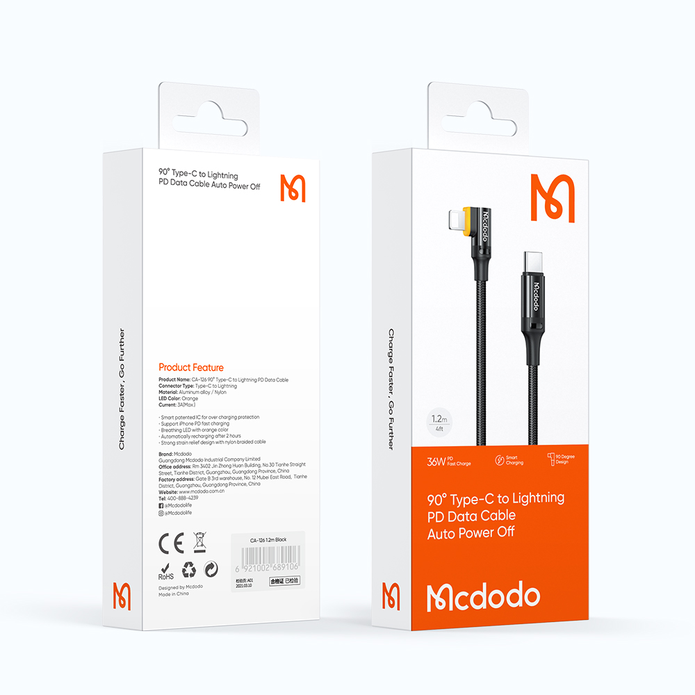 MCDODO 36W USB-C for Lightning Data Cable 90° Elbow Auto Power Off Fast Charging Data Transmission Cord Line 2m long For iPhone 13 Pro Max For iPhone 12 Pro Max