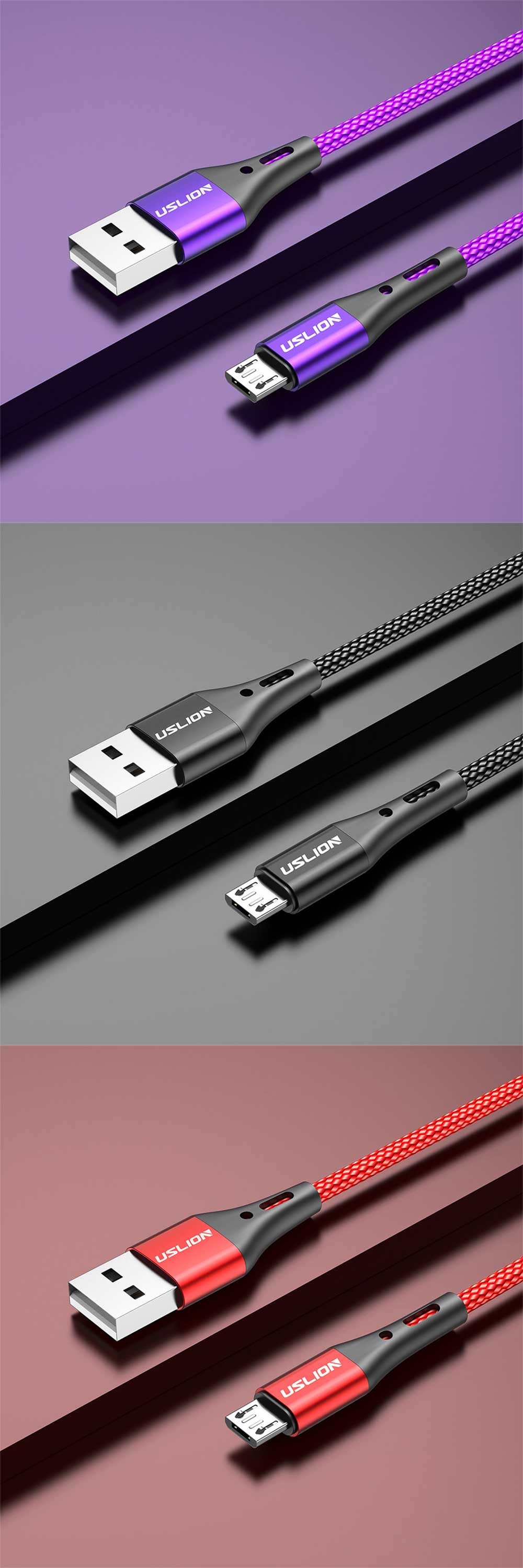 USLION 3A USB-A to Micro USB Cable QC2.0 QC3.0 Fast Charging Data Transmission Nylon Weaving Core Line 0.5M/1M/2M Long for Oneplus 7 Huawei P30 MI9 S10 S10+
