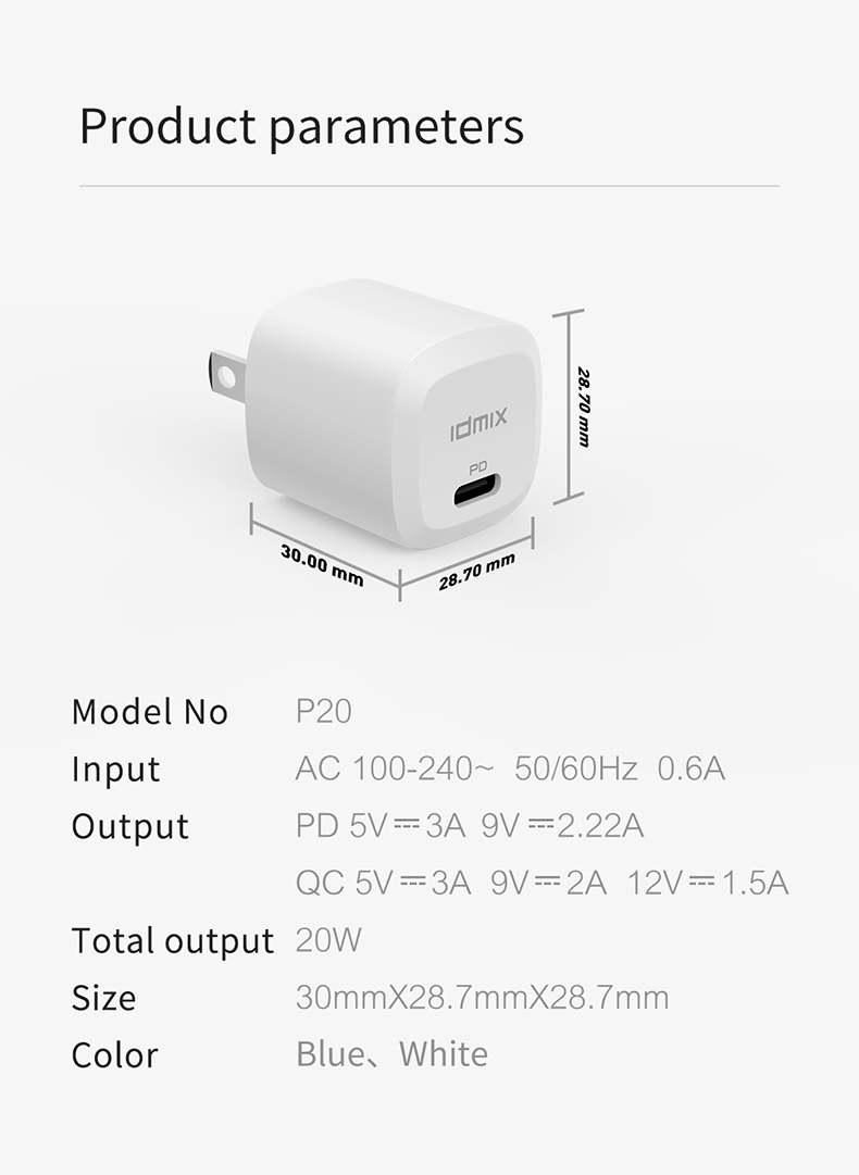 IDMIX P20 USB C PD 20W Power Charger Travel Charger Adapter Quick Charging For iPhone 12 Pro Max Mini OnePlus 8Pro 8T