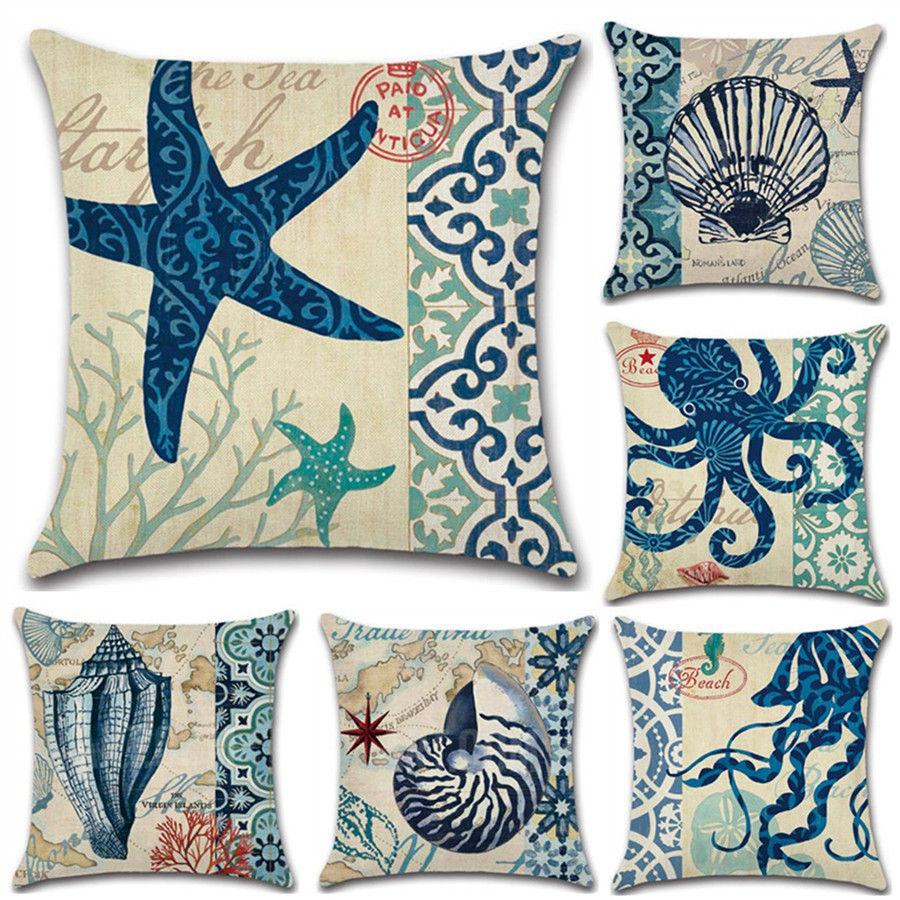 

45*45cm Marine Life Pillow Case Octopus Seahorse Conch Print Cushion Cover Linen Throw Pillow
