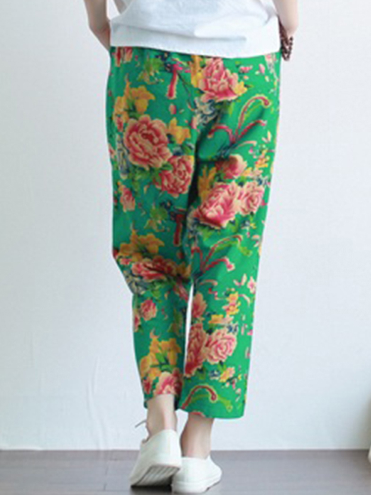 Women Retro High Waist Chinese Style Floral Print Pants