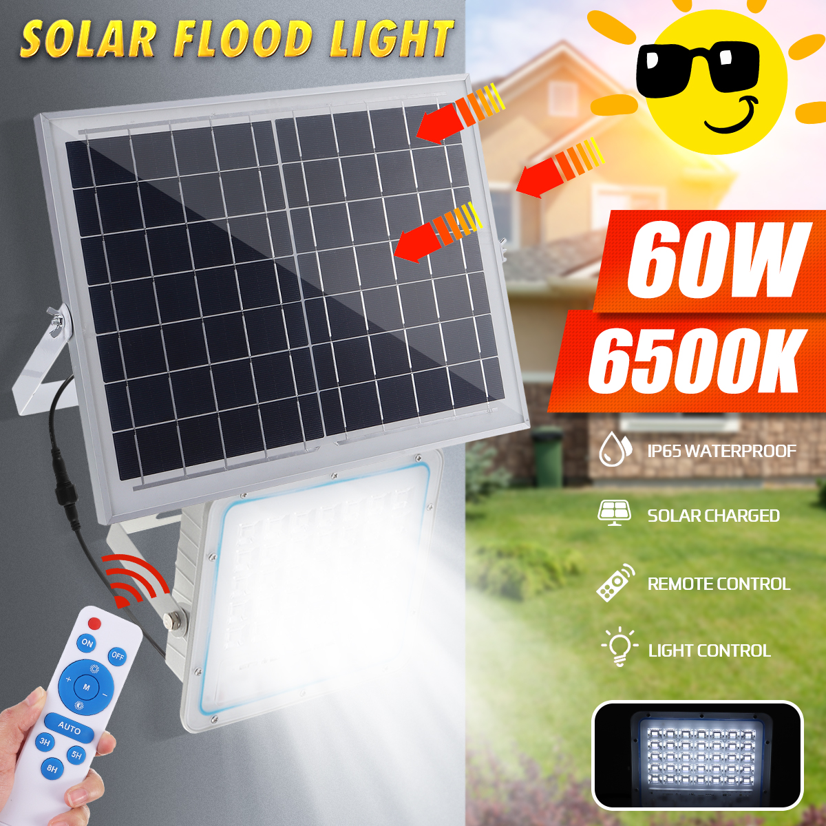 60W 70LED 2000LM Solar Powered Flood Light Remote Control Light Sensor Timing Outdoor Waterproof IP65
