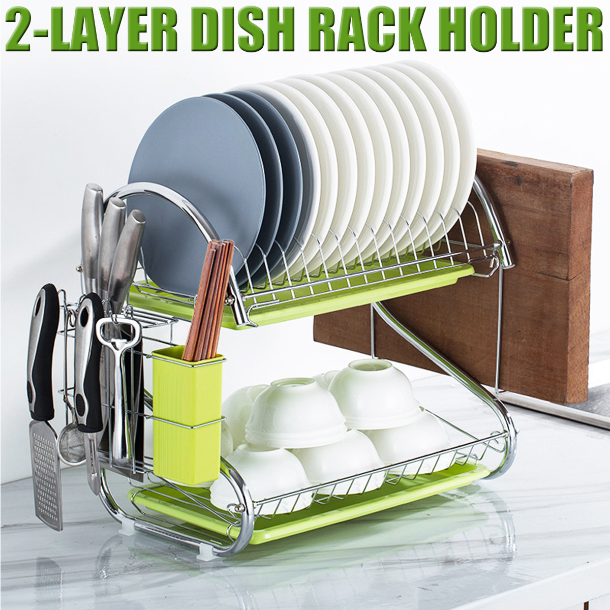 Bakeey Organizer Holder Stainless Steel Cutlery Dish Cup Kitchen Organizer Drying Rack Holder Dryer 2 Tiers Drainer Tray